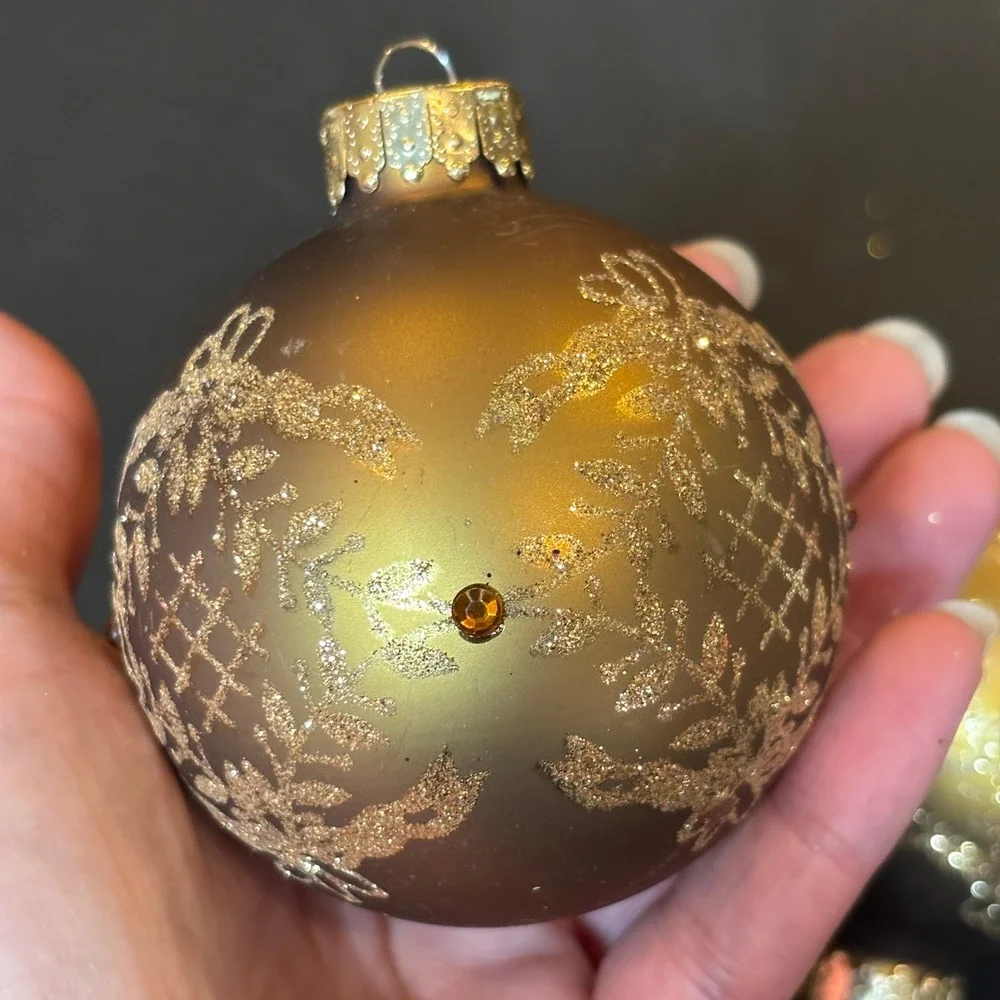 Vintage Glass Ball Ornaments Set 2 Bronze Gold Glitter Filigree